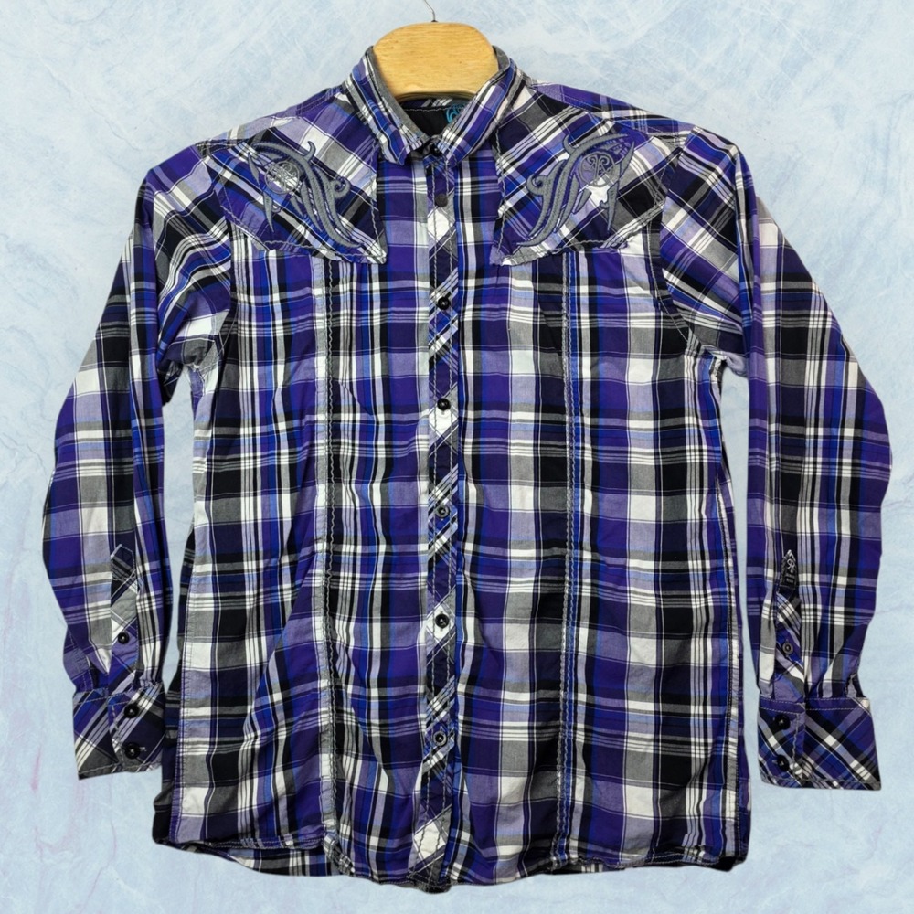 ROAR Shirt Size XL Purple Plaid SIGNATURE Western Button-Up Embroidered Cross
